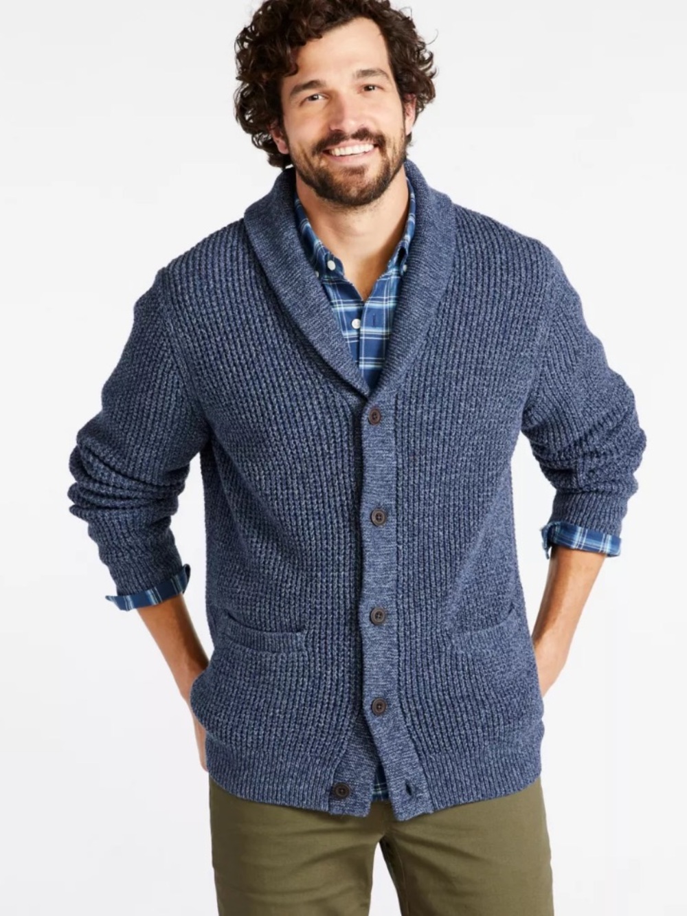 L.L. Bean Men's Blue Shawl Collar Organic Cotton Cardigan Waffle Sweater Size XL